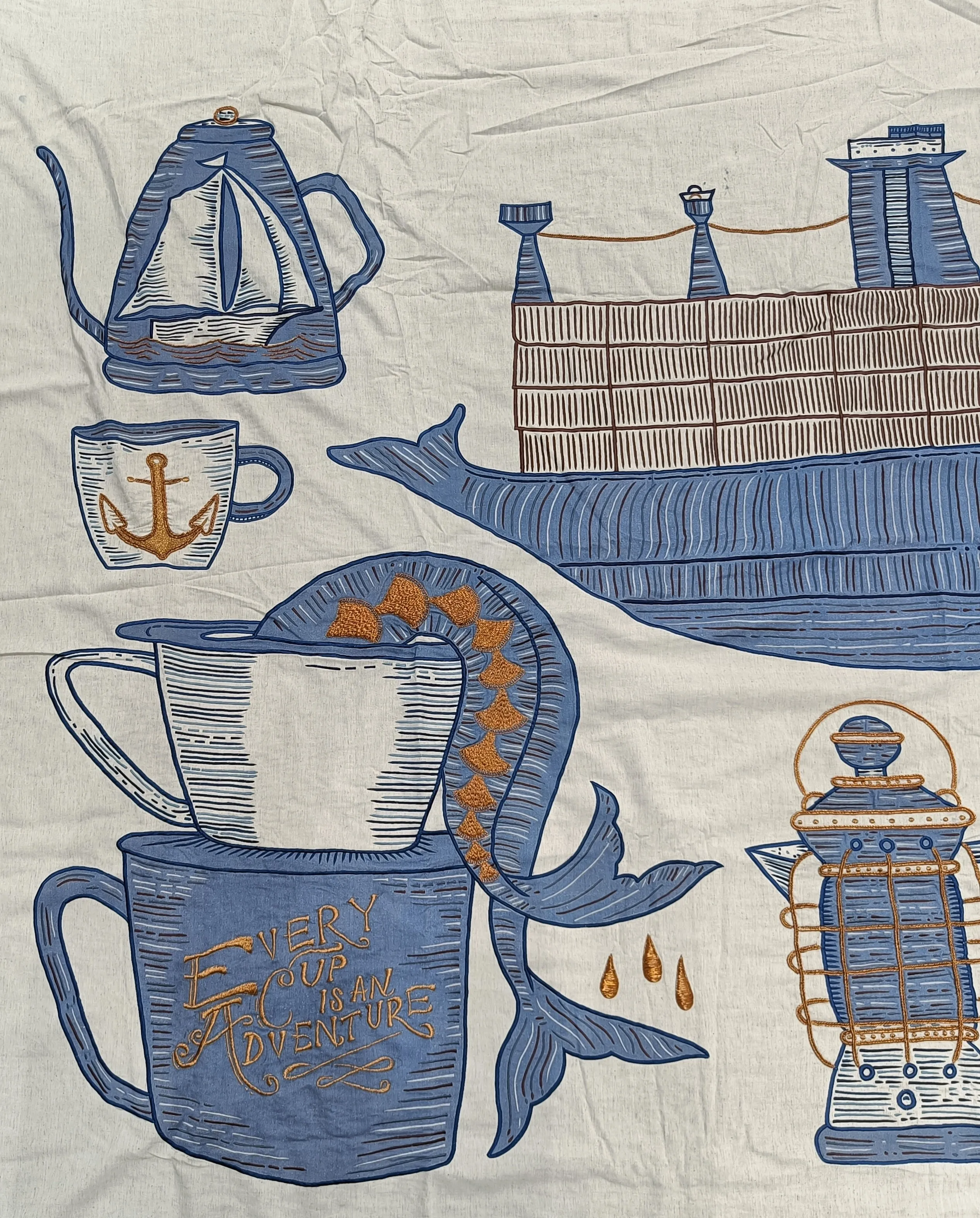 Detail of the embroidered wave installation at the Starbucks M2M jetty store